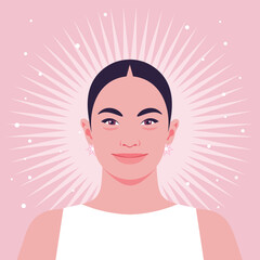 A face of a happy young woman with down syndrome. Portrait of a fashion model. Vector flat Illustration