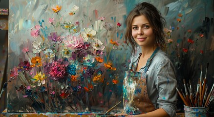 A talented woman meticulously creates a vibrant flower painting, her graceful brushstrokes bringing the delicate petals to life in a stunning display of artistic expression