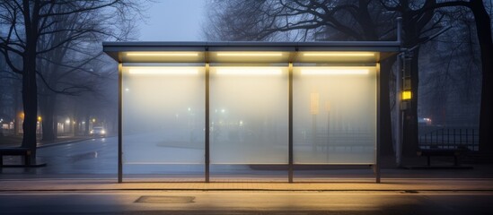 Translucent polycarbonate bus shelter with no people, providing protection from the elements at a transport station outside the city. - obrazy, fototapety, plakaty