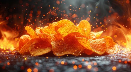 A fiery feast awaits as a stack of sizzling chips radiate heat and emit sparks of amber fire, tempting the taste buds with their vibrant orange flame - obrazy, fototapety, plakaty