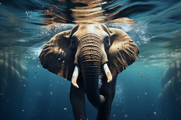 Swimming African Elephant Underwater. Big elephant - obrazy, fototapety, plakaty
