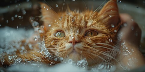A domestic cat with water droplets clinging to its whiskers gazes curiously at the camera, showcasing the playful and inquisitive nature of this beloved mammal - obrazy, fototapety, plakaty