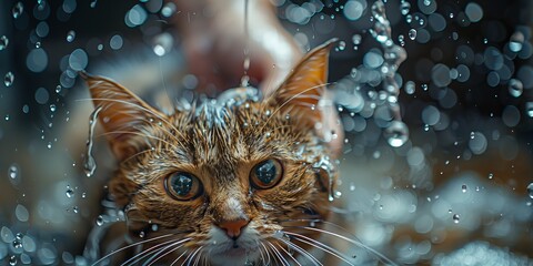 A curious felidae, with soft whiskers and a domestic demeanor, reluctantly endures a necessary bath, as water cascades over its sleek, mammalian form