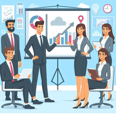 Happy group of professionals, business presentation, vector illustration