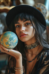 Mystic Astrologer with a Celestial Sphere. Portrait of a young pretty woman holding a planet sphere, symbolizing astrology and mysticism.