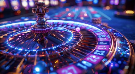 A spinning roulette wheel glows in the soft light, as a single ball rests atop, promising a thrilling journey of chance and risk