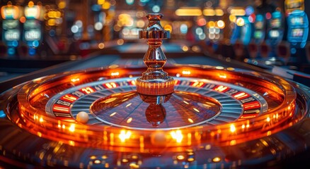 A spinning roulette wheel in a bustling casino, transporting players into a thrilling game of chance