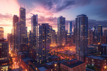 Fototapeta na wymiar Urban skyline panorama with towering skyscrapers, twinkling city lights.