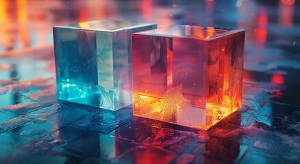 Mesmerizing glass cubes illuminate with vibrant hues, casting enchanting reflections that captivate the eye
