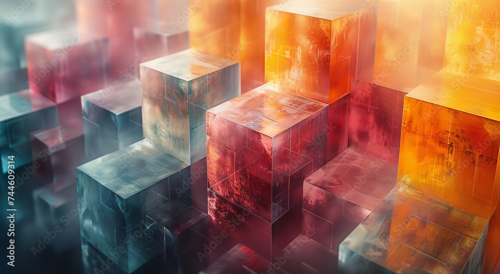 Poster a vibrant array of geometric blocks captured in a digital snapshot, creating a mesmerizing display o