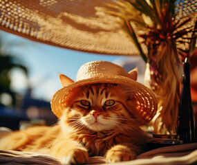 A golden tabby cat enjoys a lazy day under a woven straw hat - 744609335