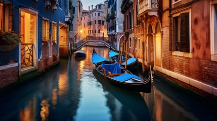 canal with gondolas in venice at sunset, italy - obrazy, fototapety, plakaty