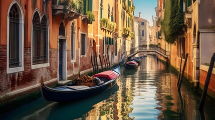 Fototapeta na wymiar Venice, Italy. Panoramic view of the canal with gondolas