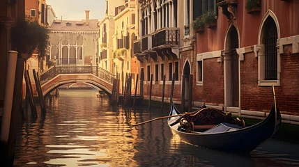  Venice canal with gondolas at sunset, Italy, Europe © I