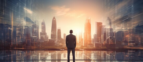 Smart businessman standing during sunrise overlay with cityscape image, showcasing modern life, business, city life, and the internet of things.