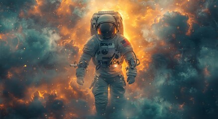 Amidst the blazing inferno, a fearless astronaut stands tall, ready to embark on a thrilling digital quest in a high-stakes action-adventure game - obrazy, fototapety, plakaty