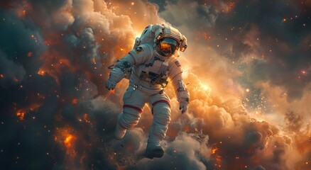 A daring astronaut races through the vast expanse of space, captured in stunning cg artwork for a thrilling action-adventure game, bringing to life a dynamic and heroic anime character in this digita - obrazy, fototapety, plakaty