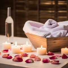 Fototapeta na wymiar Spa setting with petals and candles. Burning candles towels on table near bath tub with flowers