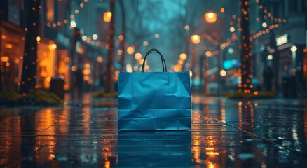 A lone blue bag, illuminated by city lights, sits on a slick sidewalk reflecting the urban night as raindrops dance around it, a forgotten outdoor accessory in the midst of a bustling city