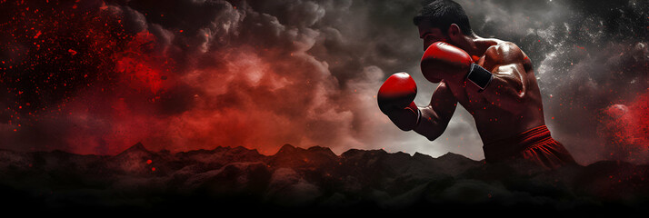 Intense boxing pose with a dramatic, fiery sky and mountains.