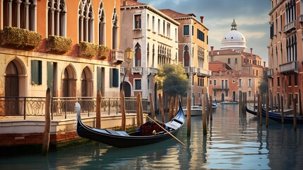 Gondolas in Venice, Italy. Panoramic image. - obrazy, fototapety, plakaty