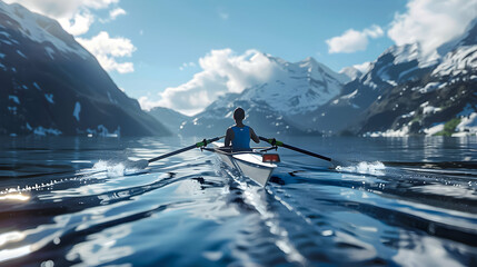 Rower in a single scull on a serene mountain lake.