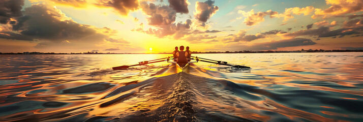 Rowers in a boat at sunset, water reflecting the vibrant sky.
