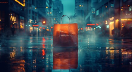 A lonely bag on the rain-soaked street reflects the vibrant city lights in the stillness of the wet night, embodying the contrast between bustling urban life and quiet solitude