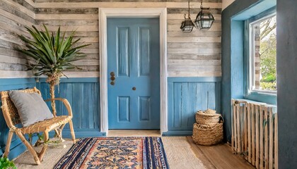 Ship lap walls, a natural fiber rug, and a glorious blue door create the quintessential coast