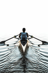 Athletic man rowing, reflection on water surface, high contrast.