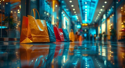 Amidst the bustling city street at night, a group of majorelle blue shopping bags lay scattered on the floor, their shiny surfaces reflecting the lights of nearby buildings and the cool blue hues of  - obrazy, fototapety, plakaty