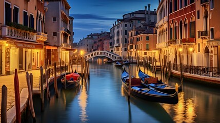 Grand Canal in Venice at night, Italy. Panoramic view - obrazy, fototapety, plakaty