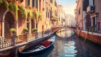 Fototapeta na wymiar Panoramic view of a canal with gondola in Venice, Italy