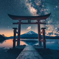 Afwasbaar fotobehang Beautiful illustration of torii with Fuji mountain © James