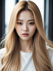 Fototapeta premium Beautiful fashion korean model girl with blonde long straight hair for commercial shampoo ad concept from Generative AI
