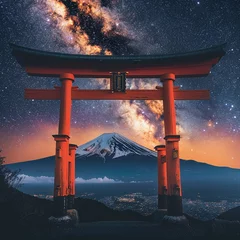 Tuinposter Illustration of torii with Fuji mountain © John