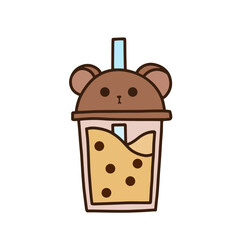 Milk Bubble Tea. Doodle drawing vector. A glass with cute bear head