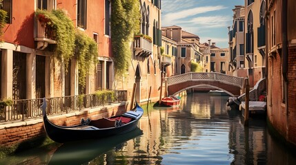 Panoramic view of Venice canal with gondolas, Italy