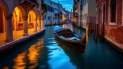 Venice canal with gondola at night, Italy. Long exposure. - obrazy, fototapety, plakaty