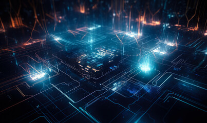 Abstract futuristic microchip processor with lights on the dark background. Quantum computer. Central Computer Processors. Machine learning. CPU concept. CPU isometric view. 3D illustration