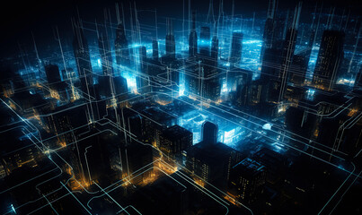 Abstract futuristic city with binary code network background
