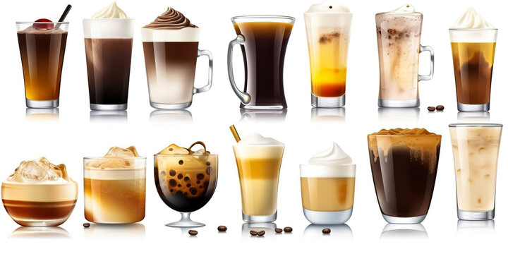 Set of coffee drinks on white background