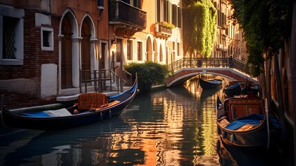 Venice, Italy. Panoramic view of the canal with gondolas - obrazy, fototapety, plakaty