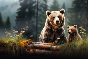 Teddy bear and bear cubs in the forest. Brown bear