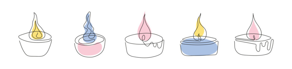 Set of colorful tea light candles with flames. Burning aromatic candles. Continuous one line drawing. Line art. Isolated on white backdrop. Design element for print, greeting, postcard, scrapbooking
