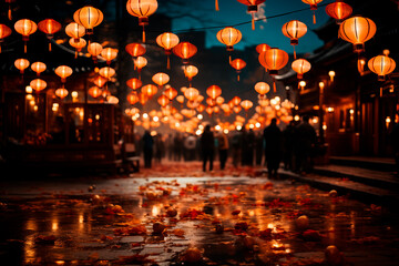 Chinese lanterns on an evening street.