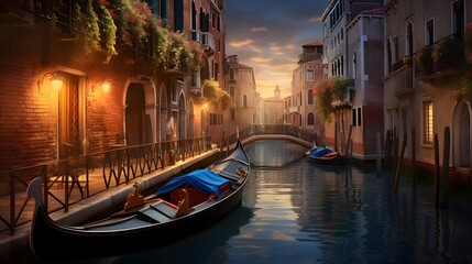 Panoramic view of Venice canal with gondola at sunset - obrazy, fototapety, plakaty