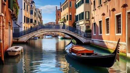 Venice canal with gondola and bridge panorama, Italy - obrazy, fototapety, plakaty