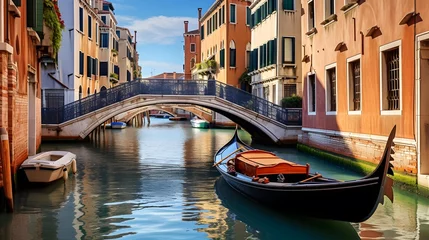  Venice canal with gondola and bridge panorama, Italy © I