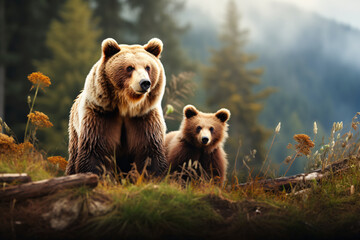 Teddy bear and bear cubs in the forest. Brown bear